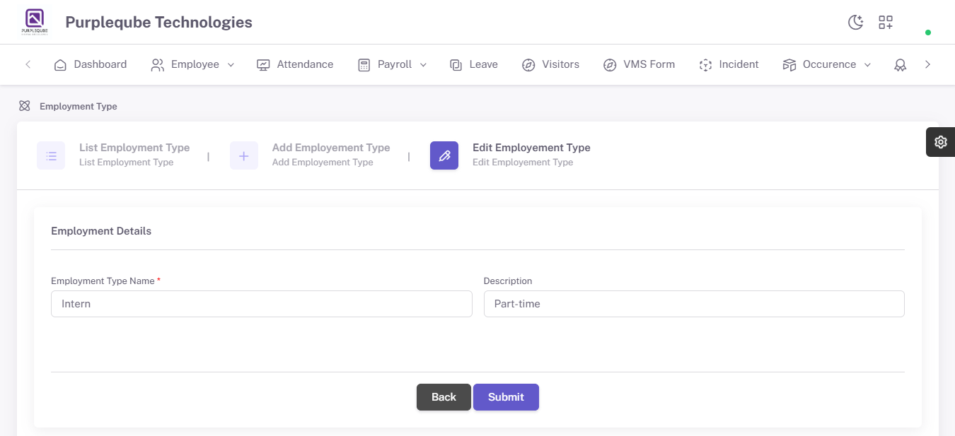 Edit Employment Type form with pre-filled employment type details